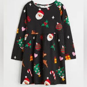 H&M Festive Black Kids Christmas Dress with Holiday Print. Size 4